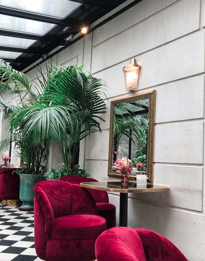 Stylish Parisian interior featuring red velvet chairs, tropical plants, and a classic mirror.